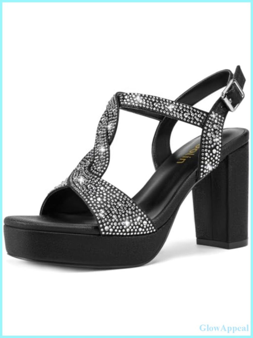 Rhinestone Open Toe Platform Block Heel Sandals Faux Leather